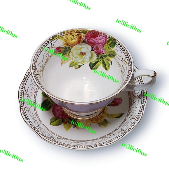 GRACE TEAWARE LAVENDER FLORAL ROSE GOLD TRIM FINE PORCELAIN TEACUP & SAUCER - Picture 3 of 15